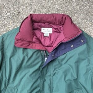 Eddie Bauer Men's Full Zip Goose Down Jacket Green XL Lined Mock Neck Y2K